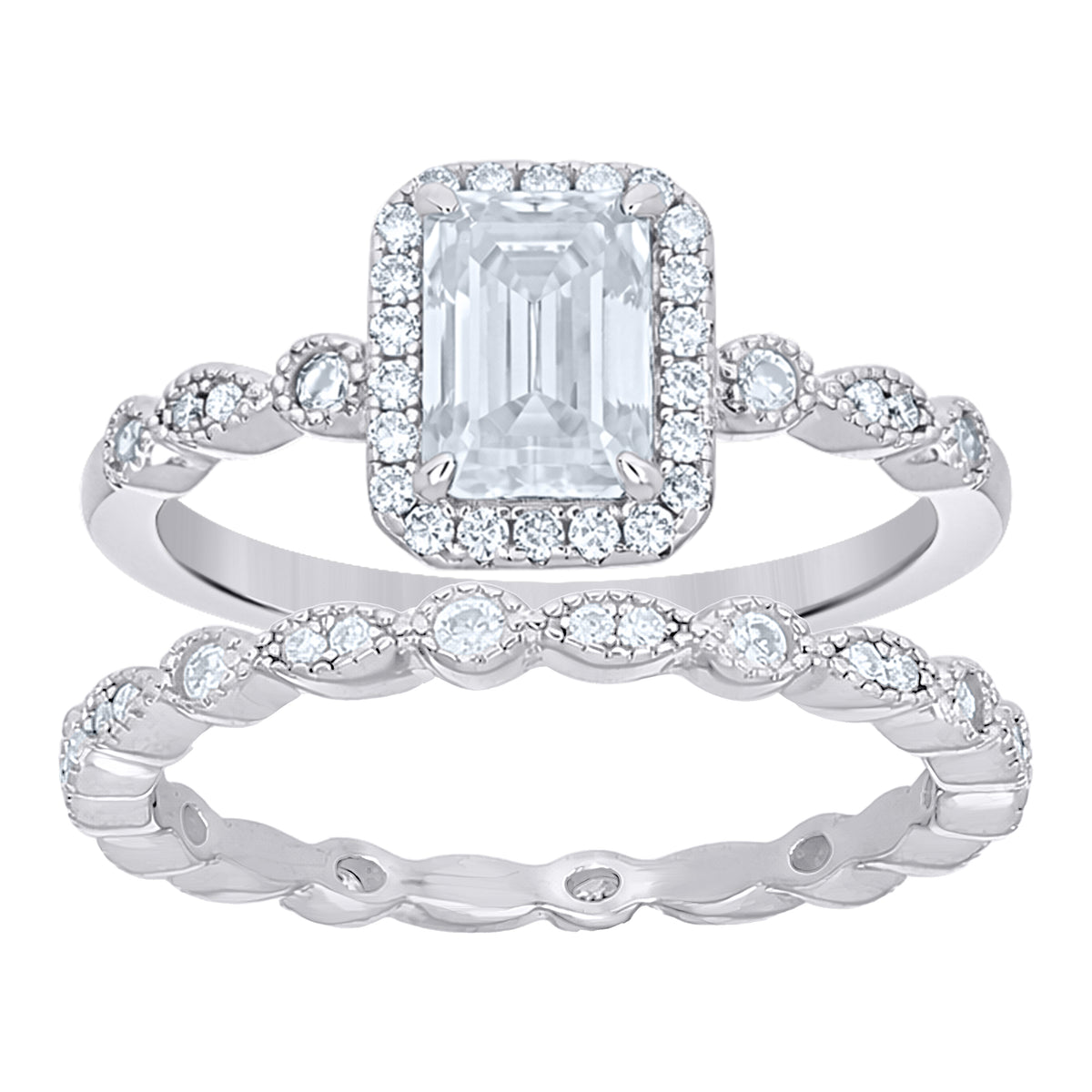 925 Sterling Silver Womens Emerald-Cut Round Moissanite Duo Ring Set Size 9