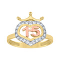 10K Tri-Color Gold Womens Cubic-Zirconia Crown Heart Anos 15 Quinceanera Ring