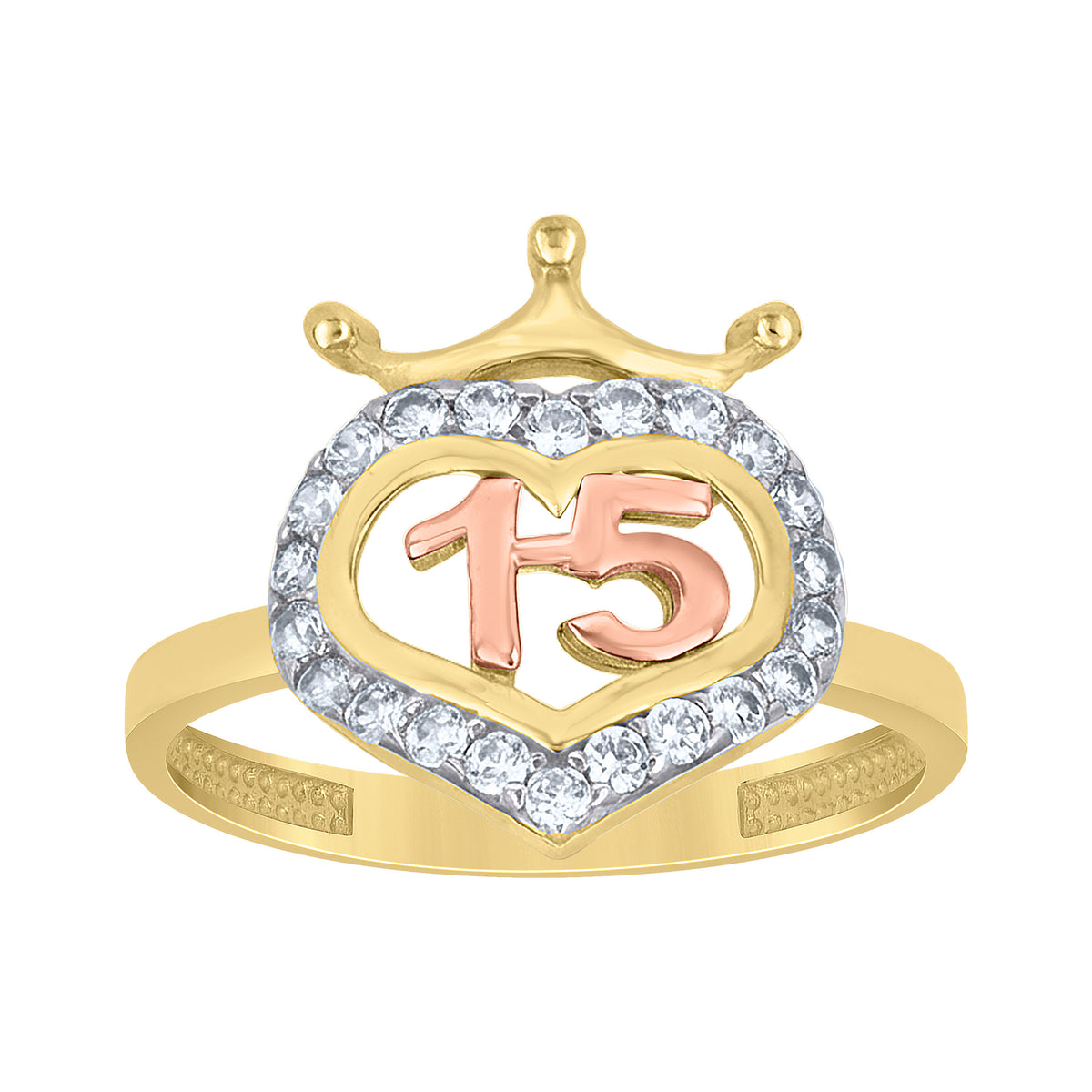 10K Tri-Color Gold Womens Cubic-Zirconia Crown Heart Anos 15 Quinceanera Ring