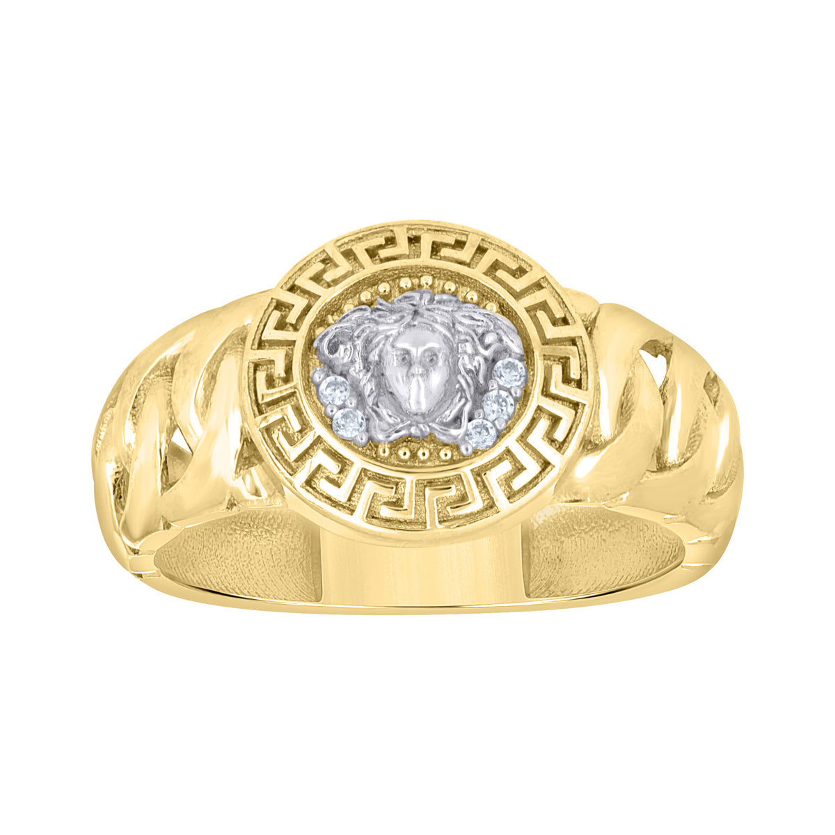 10K Two-Tone Gold Womens Cubic-Zirconia Greek Key Medusa Fashion Ring