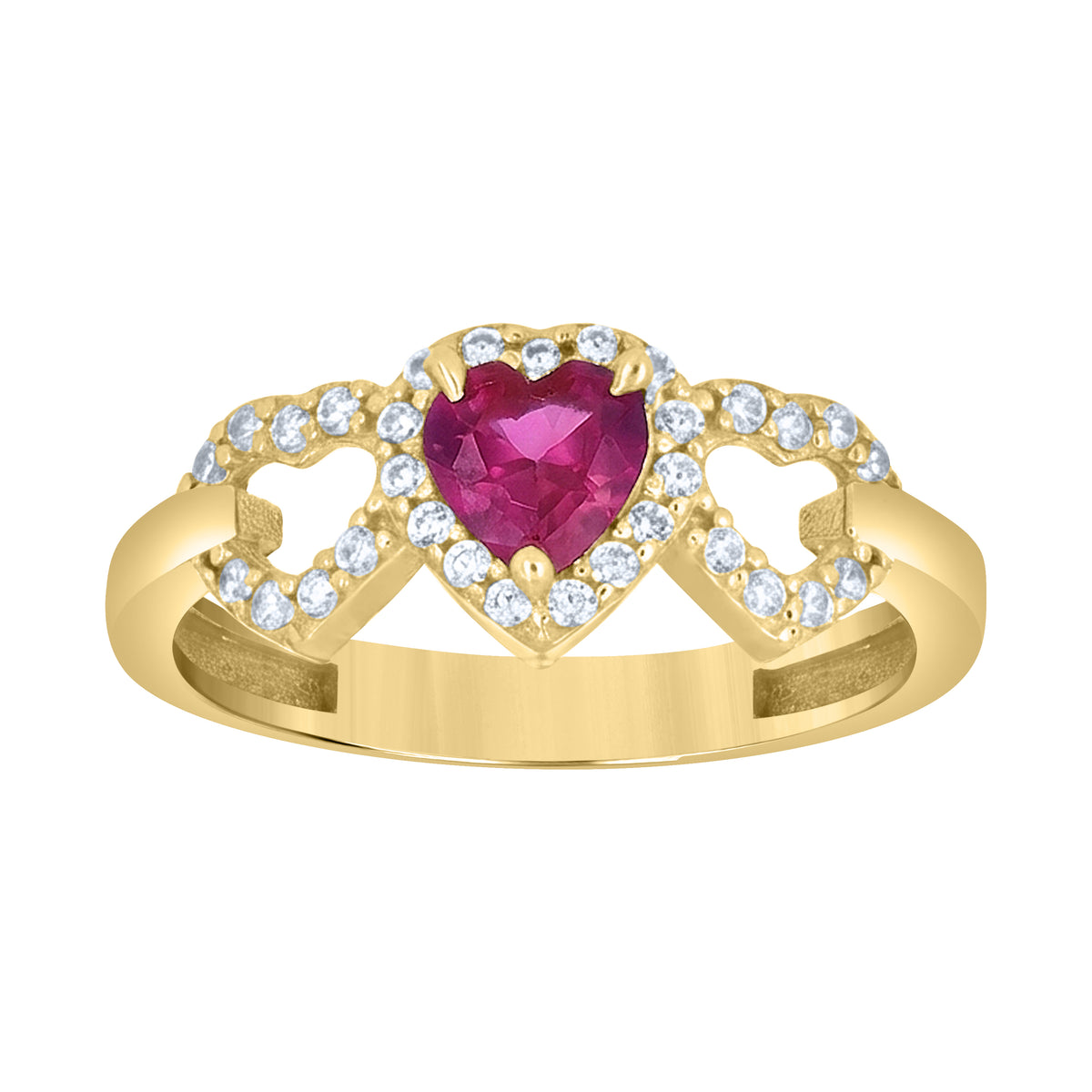 10K Yellow Gold Womens Red White Heart Round Cubic-Zirconia Triple Heart Ring