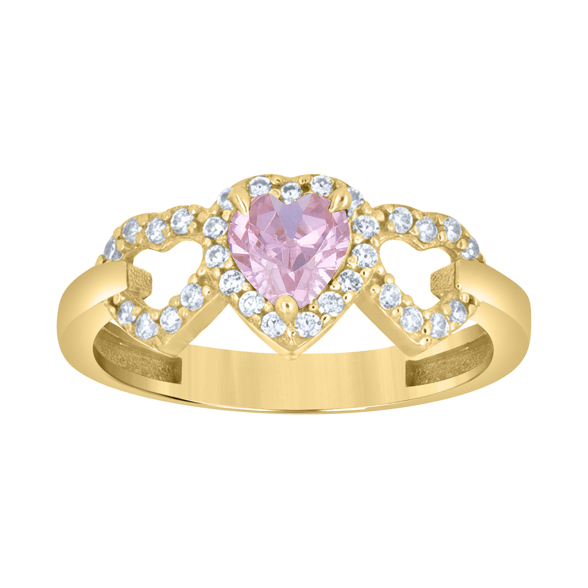 10K Yellow Gold Womens Pink White Heart Round Cubic-Zirconia Triple Heart Ring