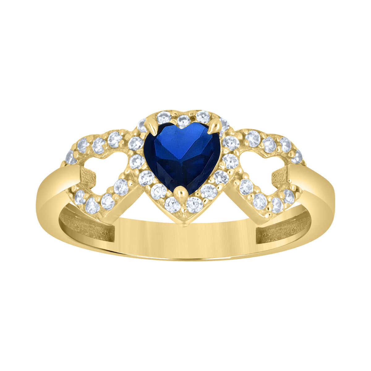 10K Yellow Gold Womens Blue White Heart Round Cubic-Zirconia Triple Heart Ring