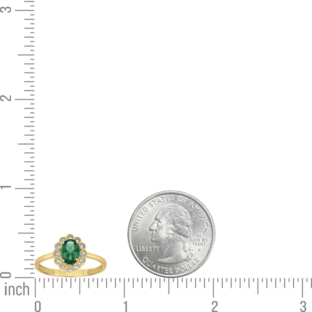 10K Yellow Gold Womens Green White Oval Round Cubic-Zirconia Flower Head Engagement Ring