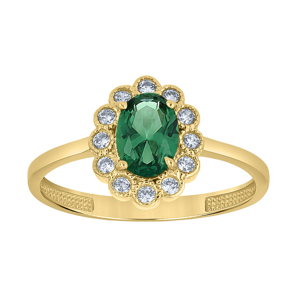 10K Yellow Gold Womens Green White Oval Round Cubic-Zirconia Flower Head Engagement Ring