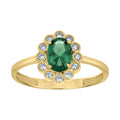 10K Yellow Gold Womens Green White Oval Round Cubic-Zirconia Flower Head Engagement Ring