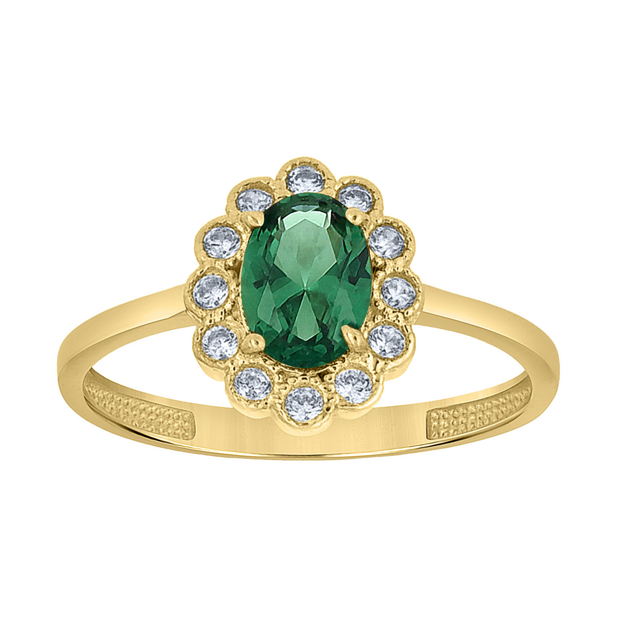 10K Yellow Gold Womens Green White Oval Round Cubic-Zirconia Flower Head Engagement Ring