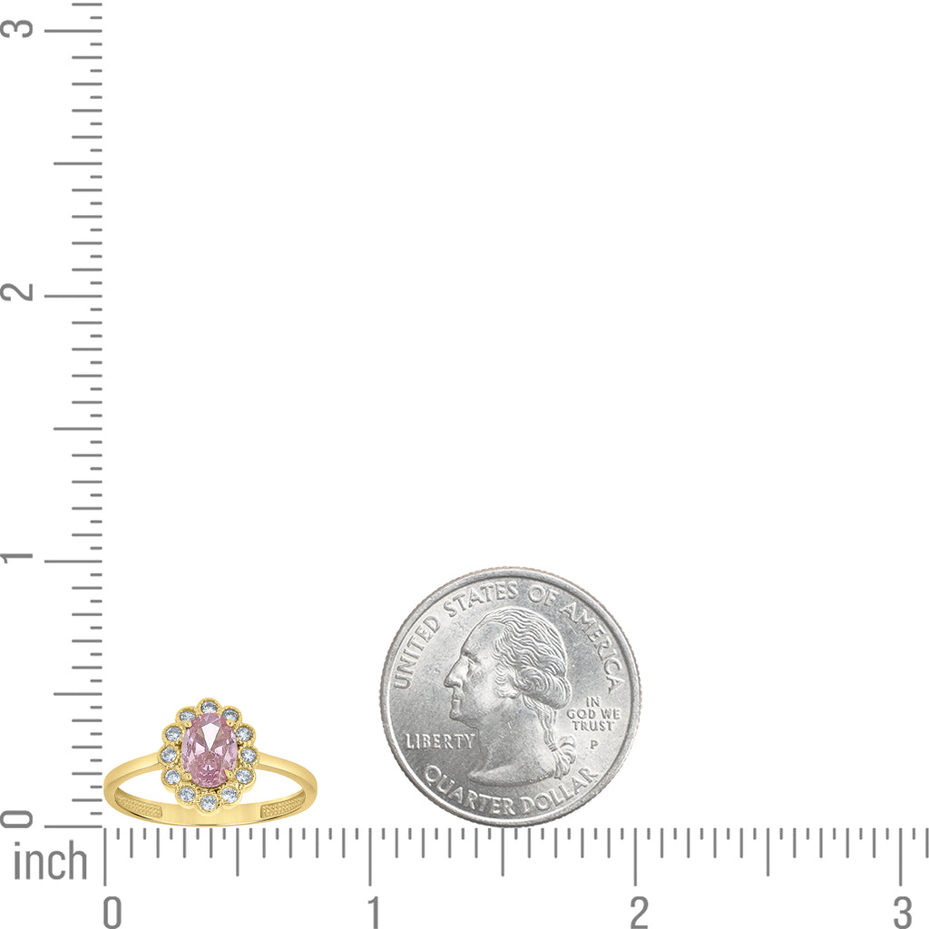 10K Yellow Gold Womens Pink White Oval Round Cubic-Zirconia Flower Head Engagement Ring
