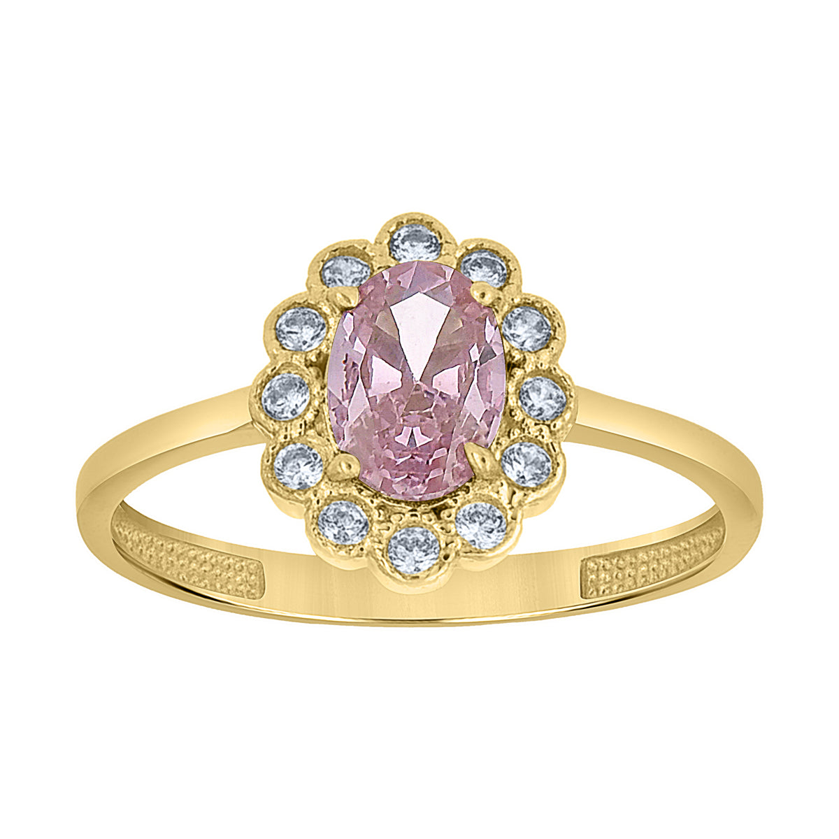 10K Yellow Gold Womens Pink White Oval Round Cubic-Zirconia Flower Head Engagement Ring