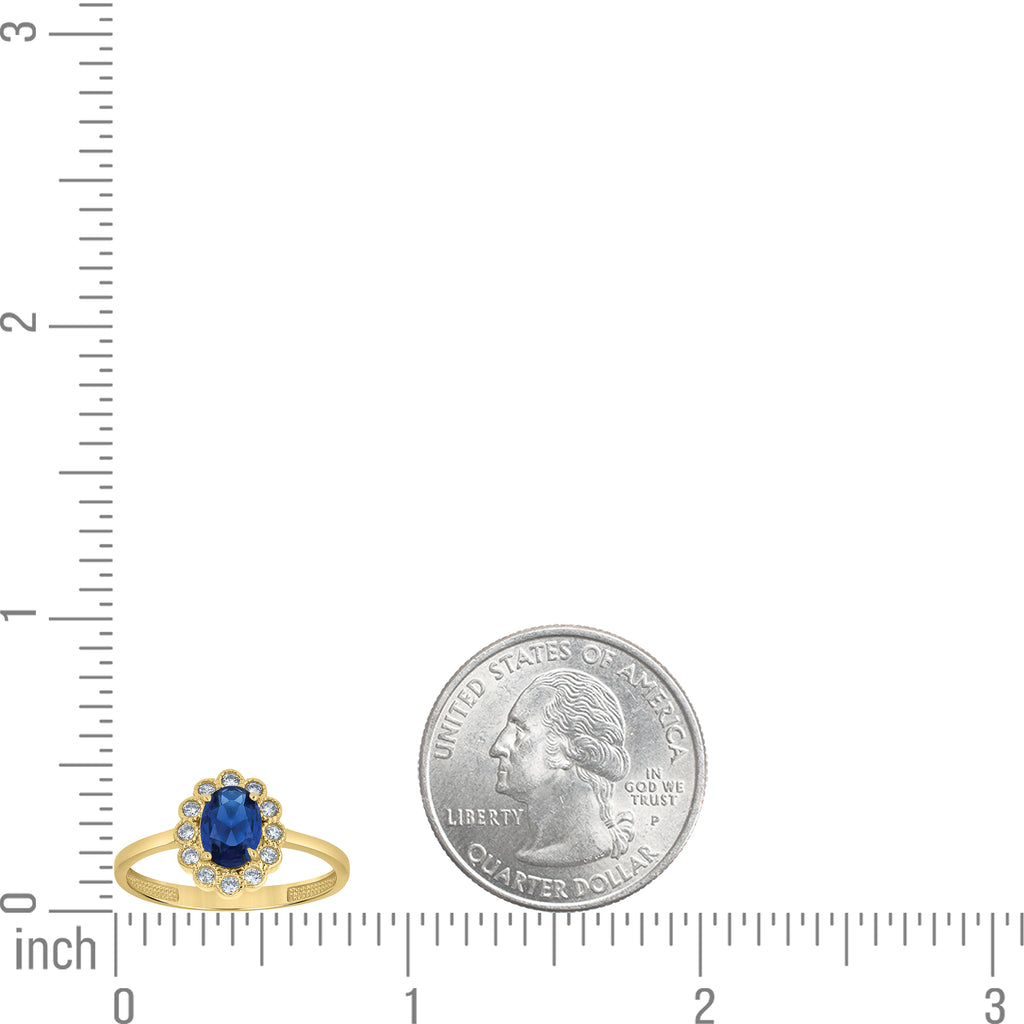 10K Yellow Gold Womens Blue White Oval Round Cubic-Zirconia Flower Head Engagement Ring