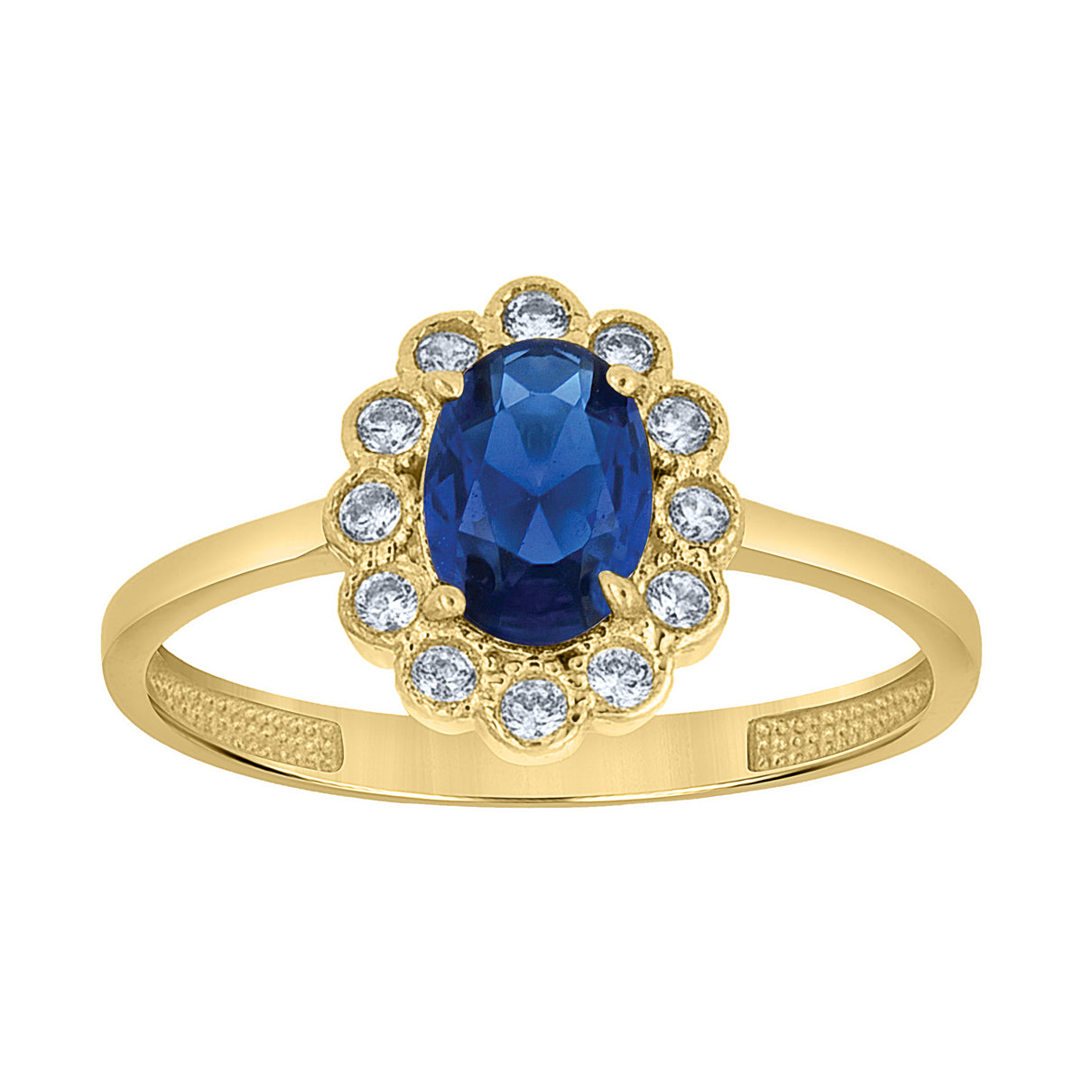 10K Yellow Gold Womens Blue White Oval Round Cubic-Zirconia Flower Head Engagement Ring