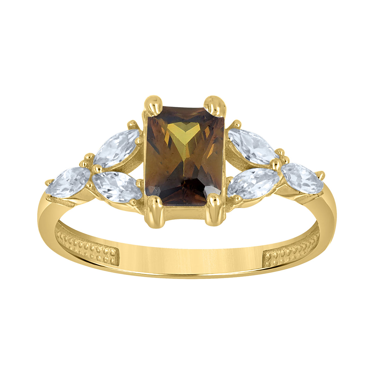 10K Yellow Gold Womens Brown White Emerald-Cut Marquise Cubic-Zirconia Fashion Ring