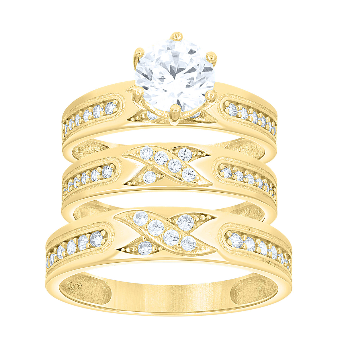 10K Yellow Gold His & Her Cubic-Zirconia Trio Ring Set