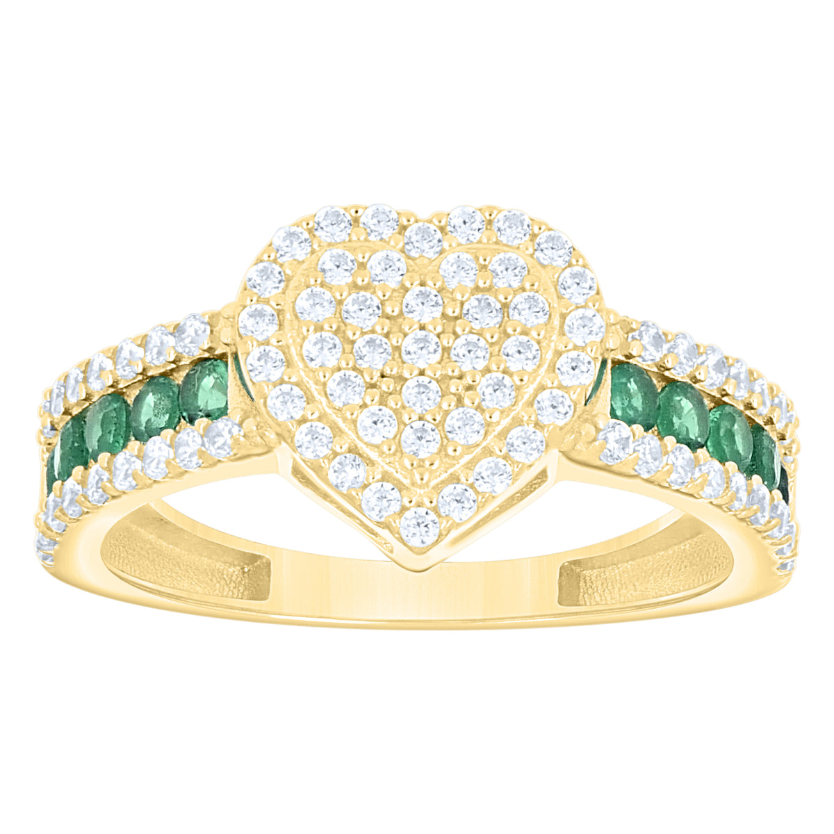 10K Yellow Gold Womens Green White Cubic-Zirconia Heart Ring