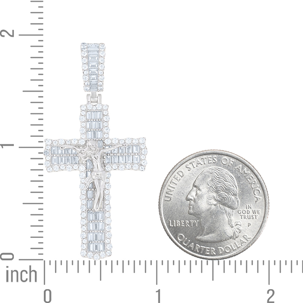925 Sterling Silver Unisex Round Baguette Cubic-Zirconia Crucifix Cross Religious Charm Pendant