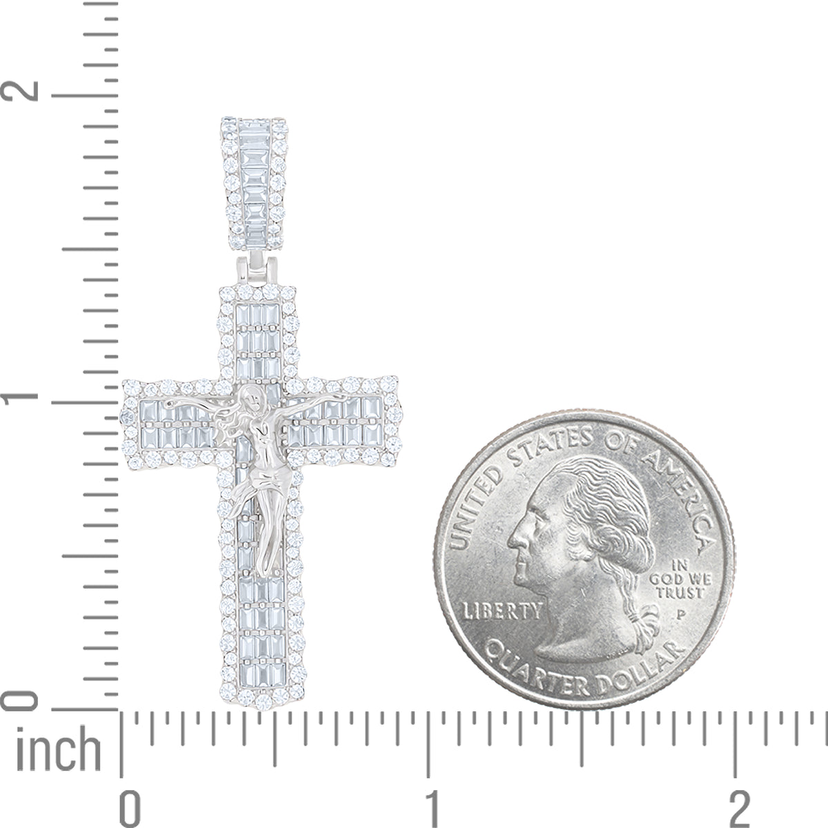 925 Sterling Silver Unisex Round Baguette Cubic-Zirconia Crucifix Cross Religious Charm Pendant
