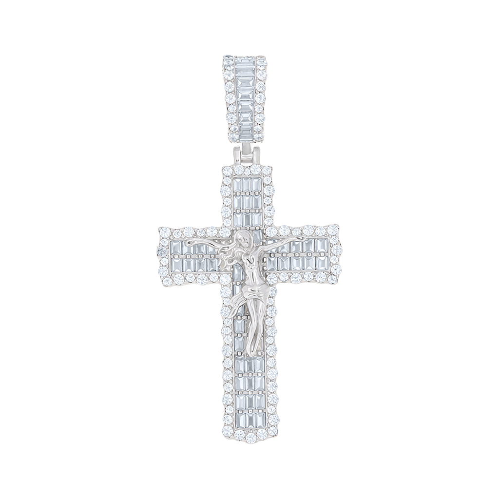 925 Sterling Silver Unisex Round Baguette Cubic-Zirconia Crucifix Cross Religious Charm Pendant