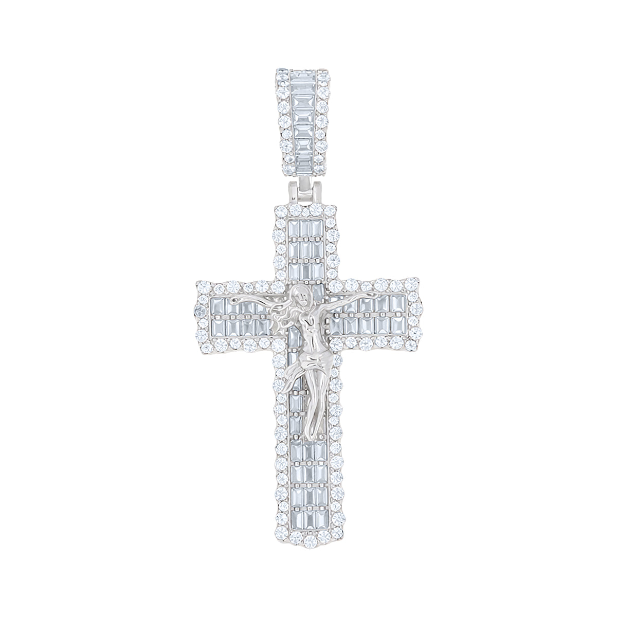 925 Sterling Silver Unisex Round Baguette Cubic-Zirconia Crucifix Cross Religious Charm Pendant