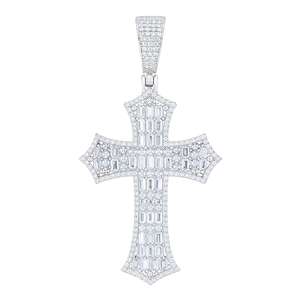 925 Sterling Silver Unisex Round Baguette Cubic-Zirconia Cross Religious Charm Pendant