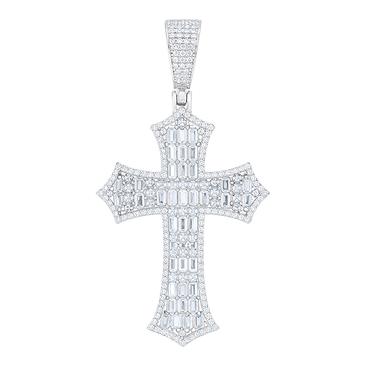 925 Sterling Silver Unisex Round Baguette Cubic-Zirconia Cross Religious Charm Pendant