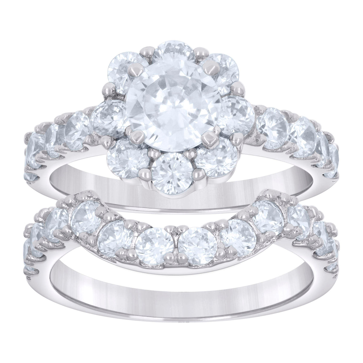 925 Sterling Silver Womens Cubic-Zirconia Flower Duo Ring Set Size 7