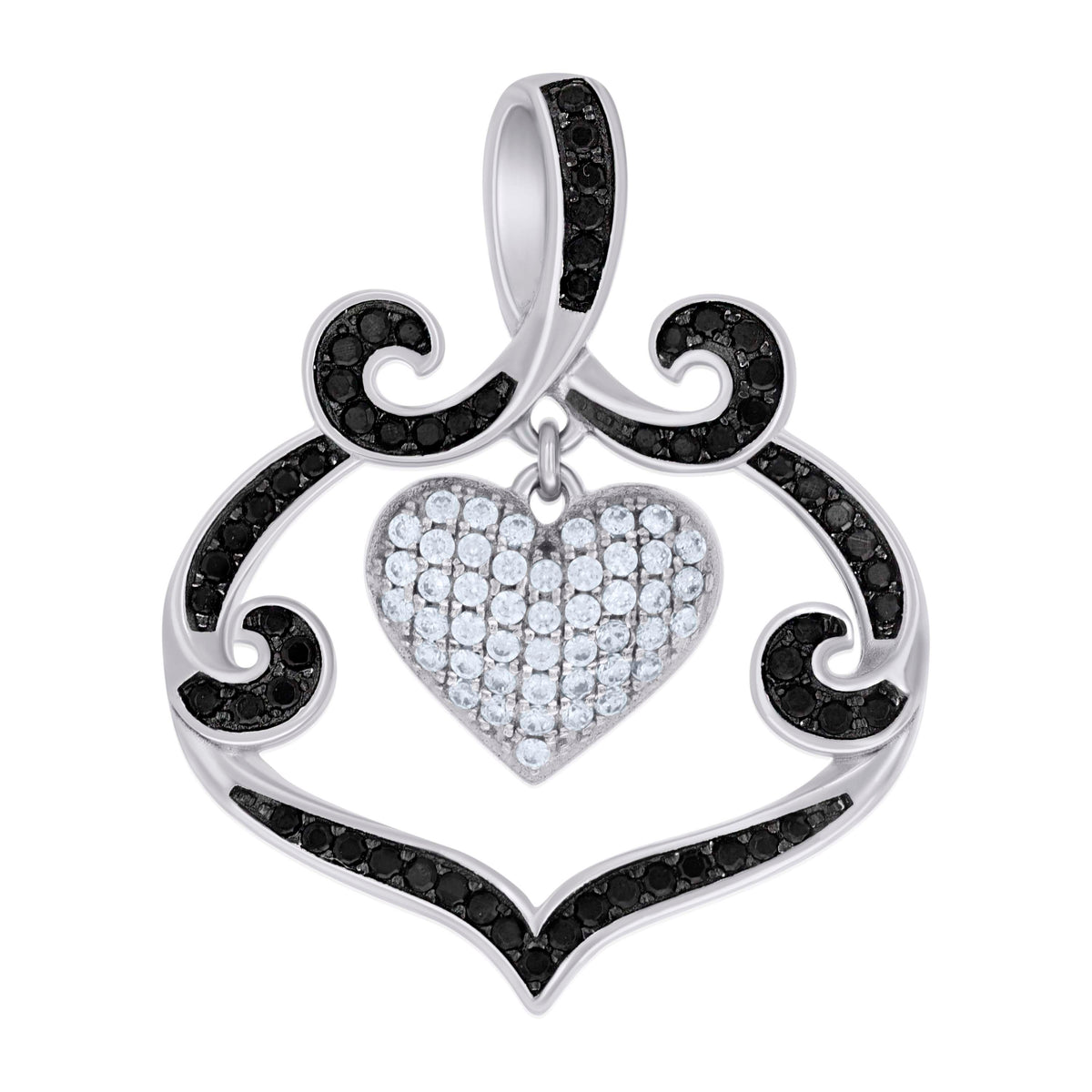 925 Sterling Silver Black-tone Womens Black White Cubic-Zirconia Heart Charm Pendant