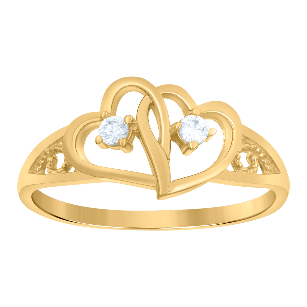 10K Yellow Gold Womens Cubic Zirconia Double Heart Engagement Ring