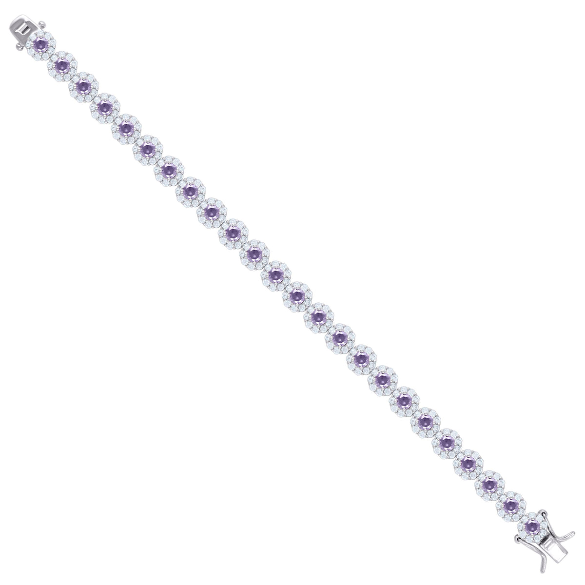 925 Sterling Silver Womens Purple & White Cubic Zirconia Fancy Tennis Flower Bracelet Size 8 Inches