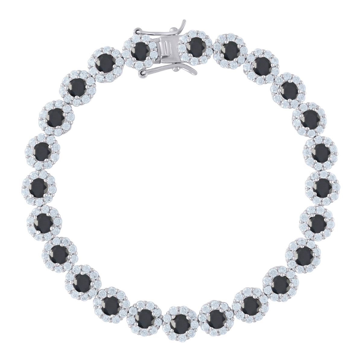 925 Sterling Silver Womens Black & White Cubic Zirconia Fancy Tennis Flower Bracelet Size 8 Inches