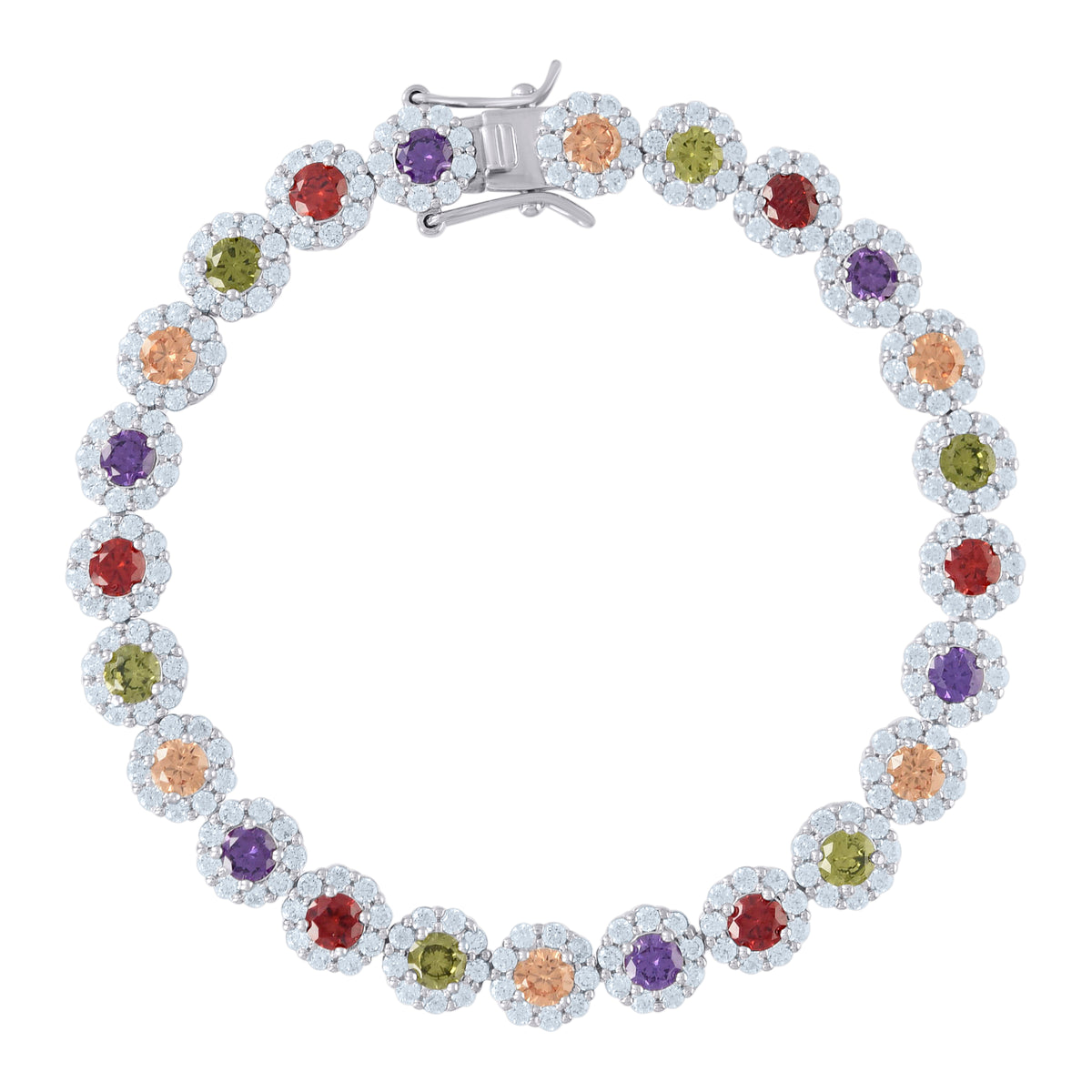 925 Sterling Silver Womens Multi-Color Cubic Zirconia Fancy Tennis Flower Bracelet Size 8 Inches