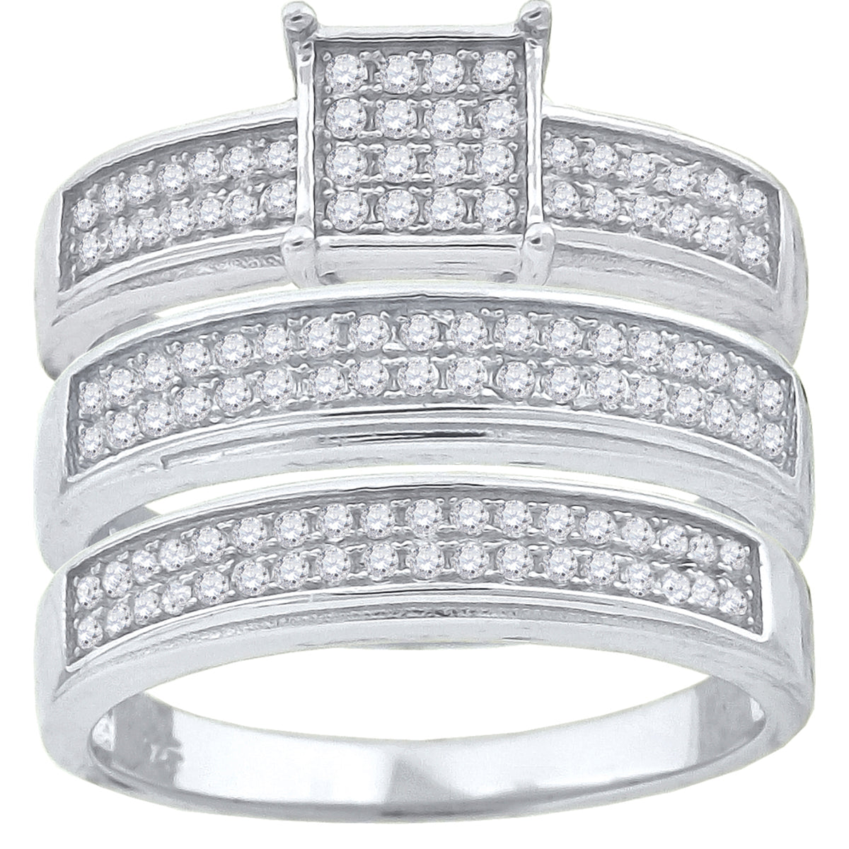 925 Sterling Silver His & Hers Cubic-Zirconia Square Head Trio Ring Set Size 7