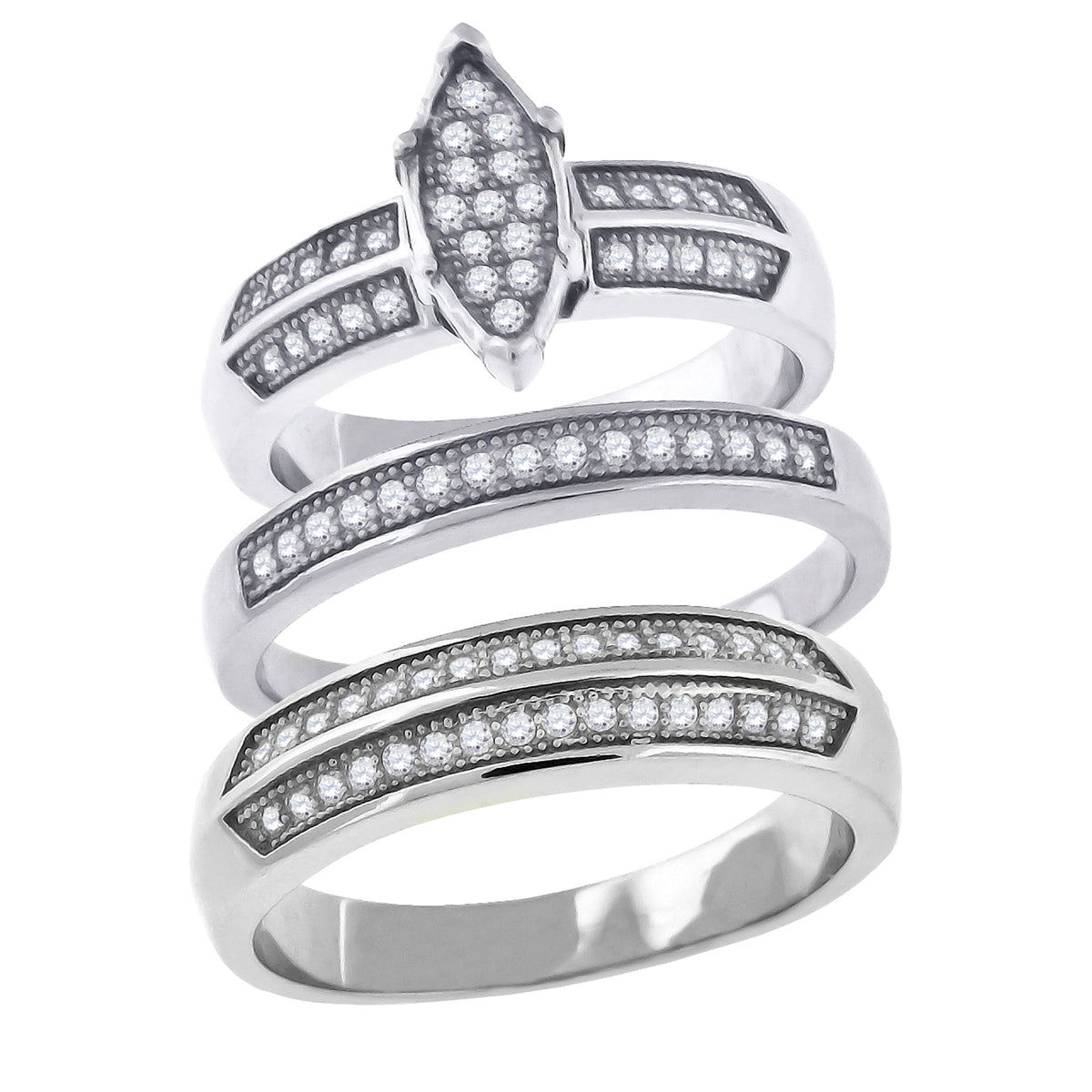 925 Sterling Silver His & Hers Cubic-Zirconia Marquise Head Trio Ring Set Size 11