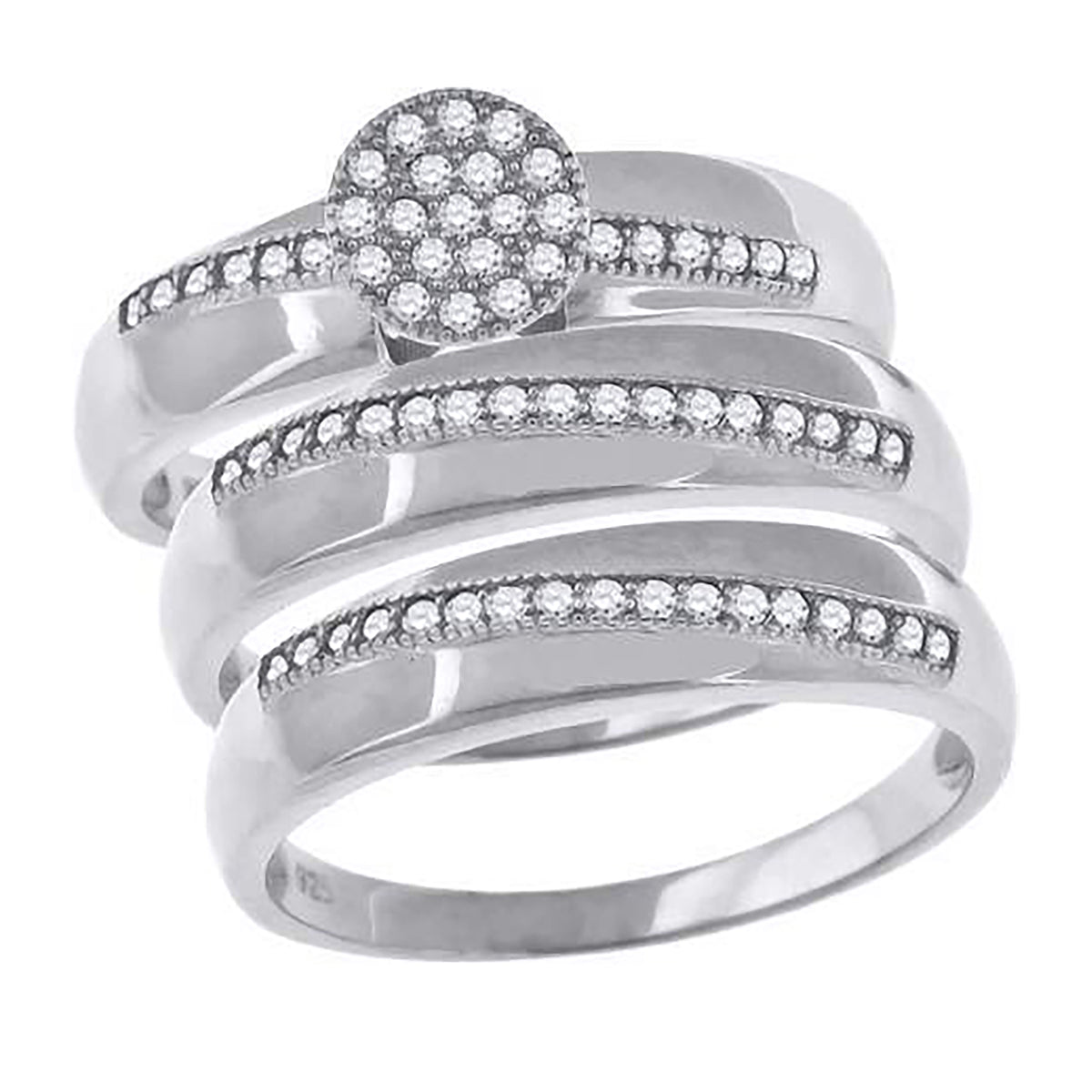 925 Sterling Silver His & Hers Cubic-Zirconia Round Head Trio Ring Set Size 10