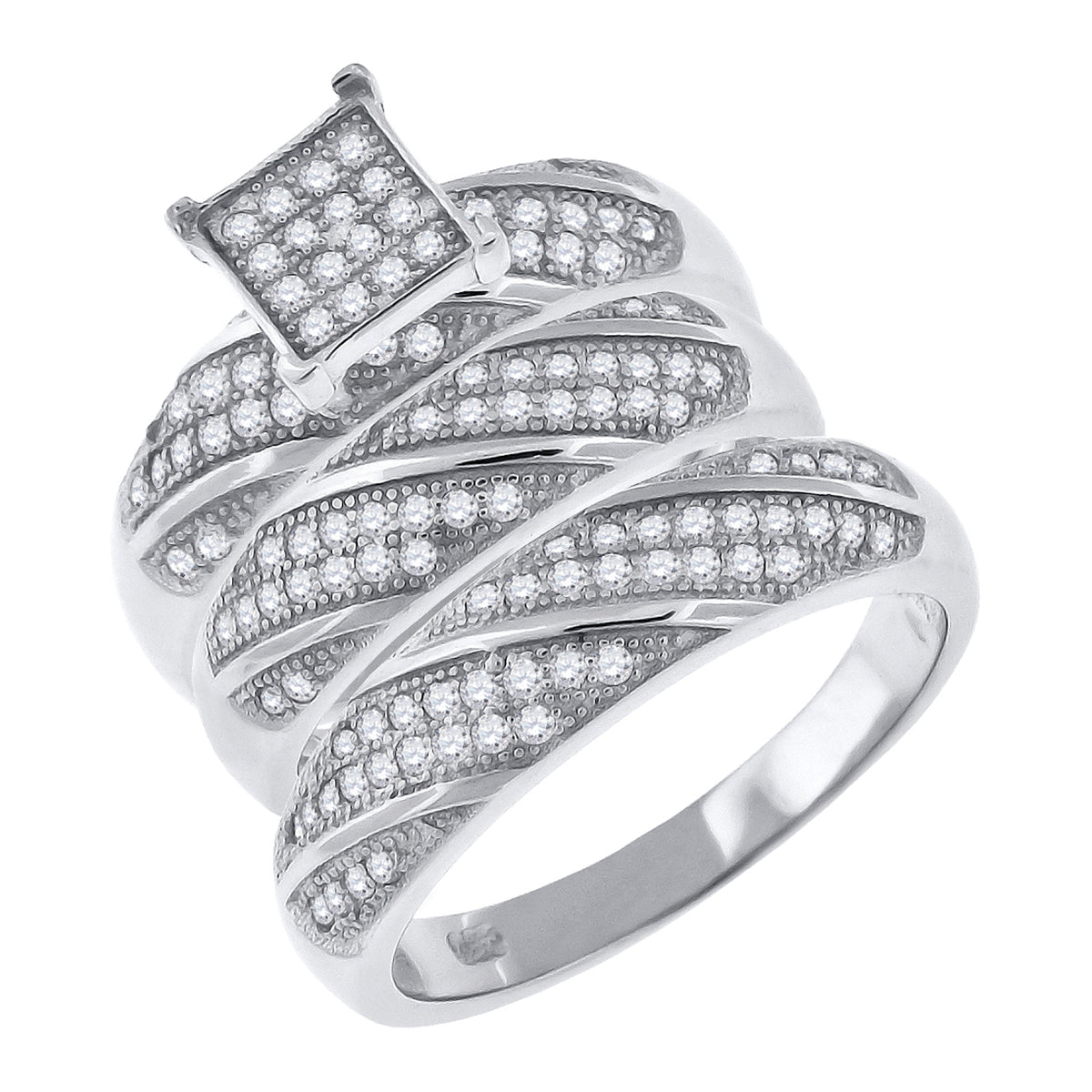 925 Sterling Silver His & Hers Cubic-Zirconia Square Head Trio Ring Set Size 9