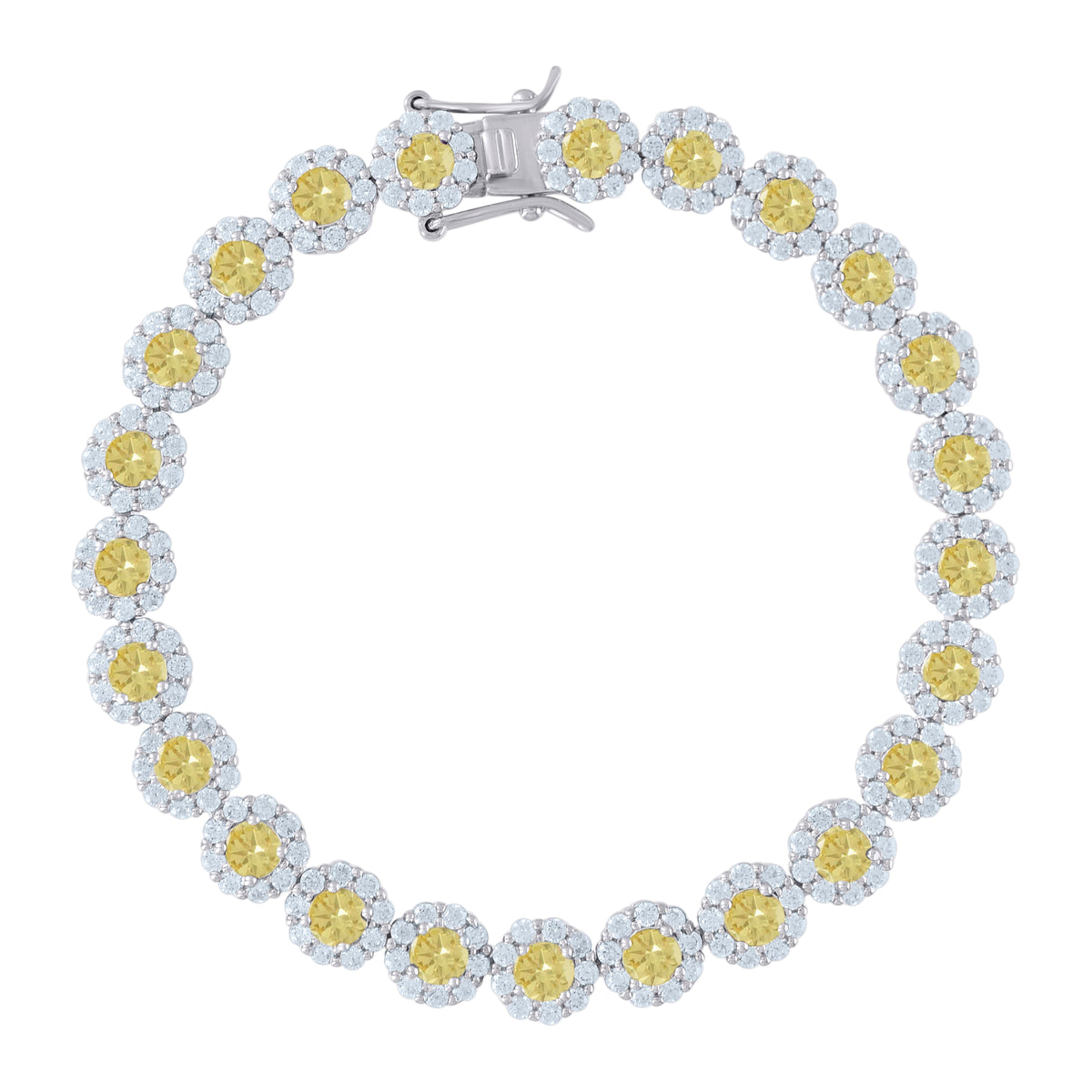 925 Sterling Silver Womens Yellow & White Cubic Zirconia Fancy Tennis Flower Bracelet Size 8 Inches