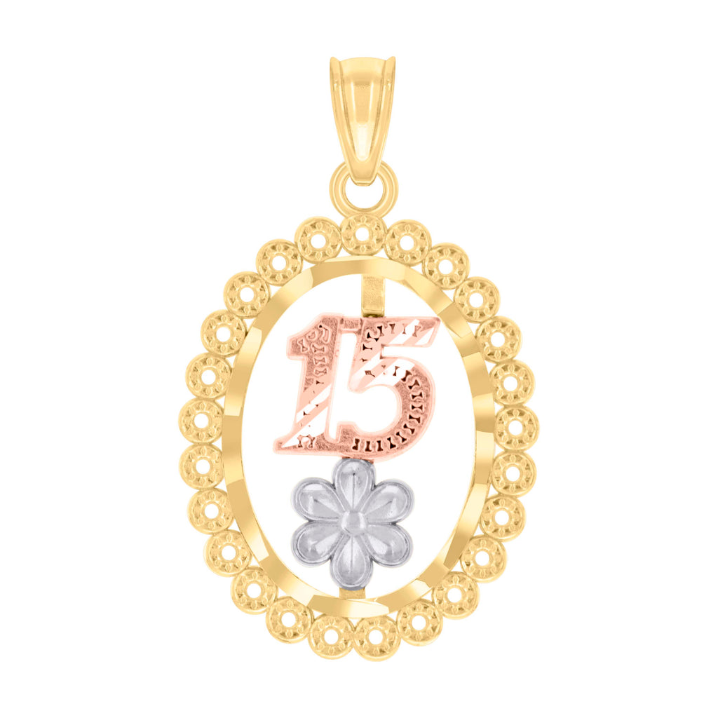 10K Gold Tri-Color Womens 15 Anos Quinceanera Charm Pendant