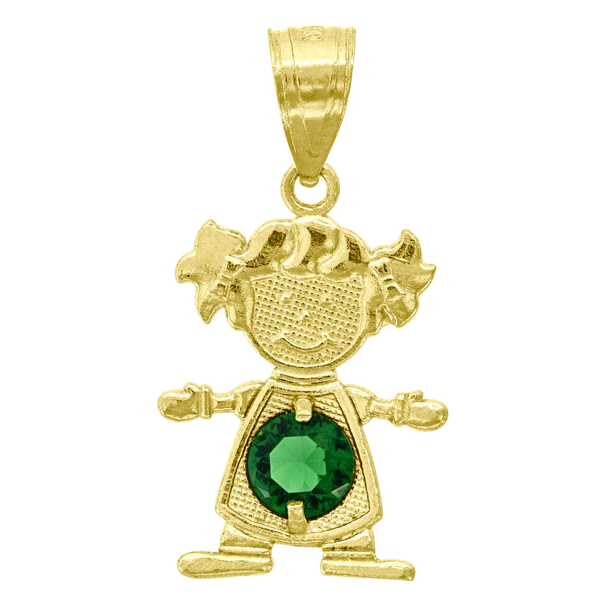 10K Yellow Gold Textured Baby Dark Green Cubic-Zirconia May Girl Charm Pendant