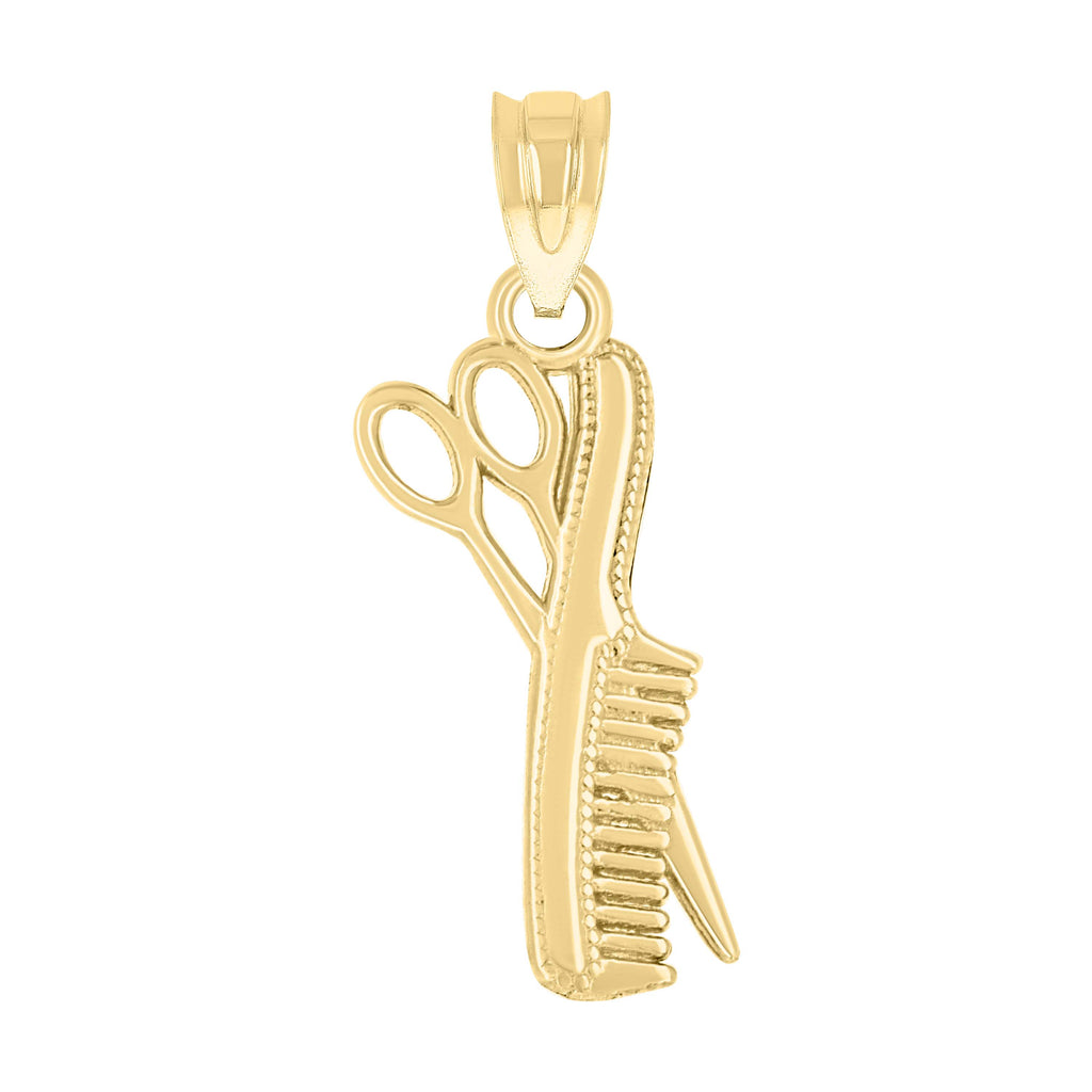 10K Yellow Gold Unisex Scissors Comb Tools Charm Pendant