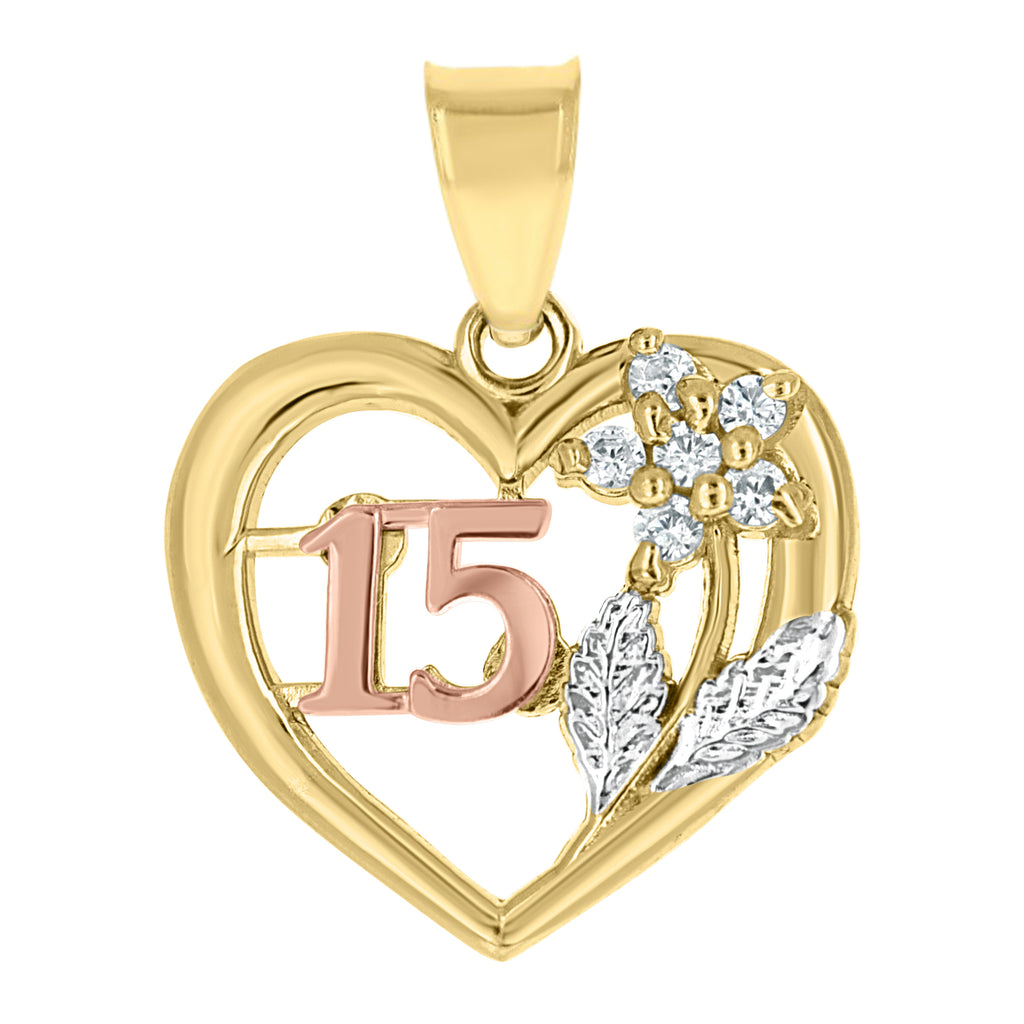 10K Gold Tri-Color Cubic-Zirconia Womens 15 Anos Heart Charm Pendant