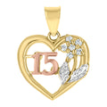 10K Gold Tri-Color Cubic-Zirconia Womens 15 Anos Heart Charm Pendant