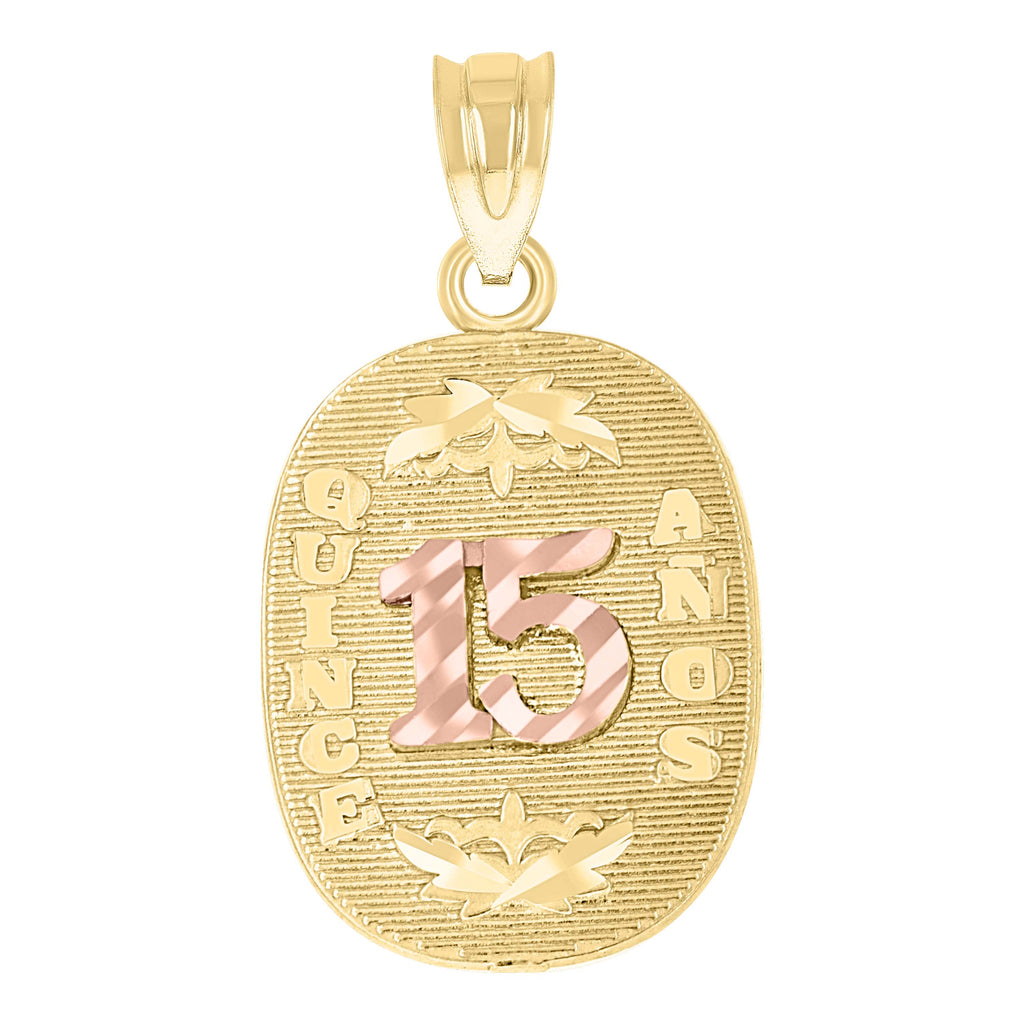 10K Two-tone Gold Diamond-Cut Womens 15 Anos Quinceanera Charm Pendant