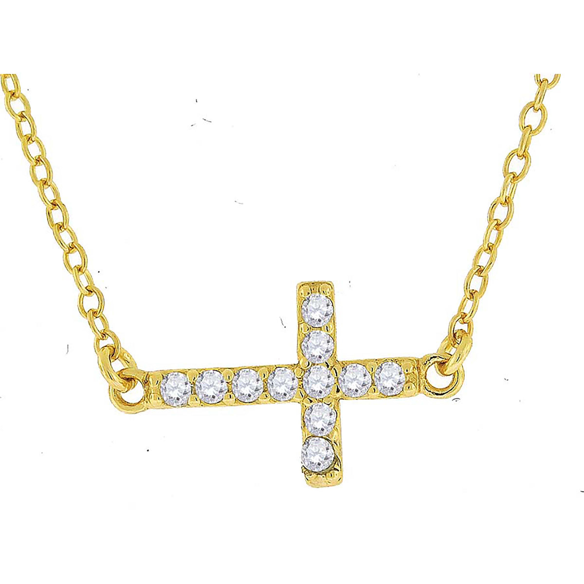 925 Sterling Silver Yellow-Tone Women Cubic Zirconia Rolo Link Cross Sideway Chain Necklace