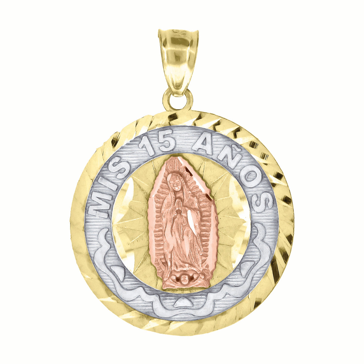 10K Gold Tri-Color Diamond-Cut Unisex Mis 15 Anos Guadalupe Mary Quinceanera Pendant