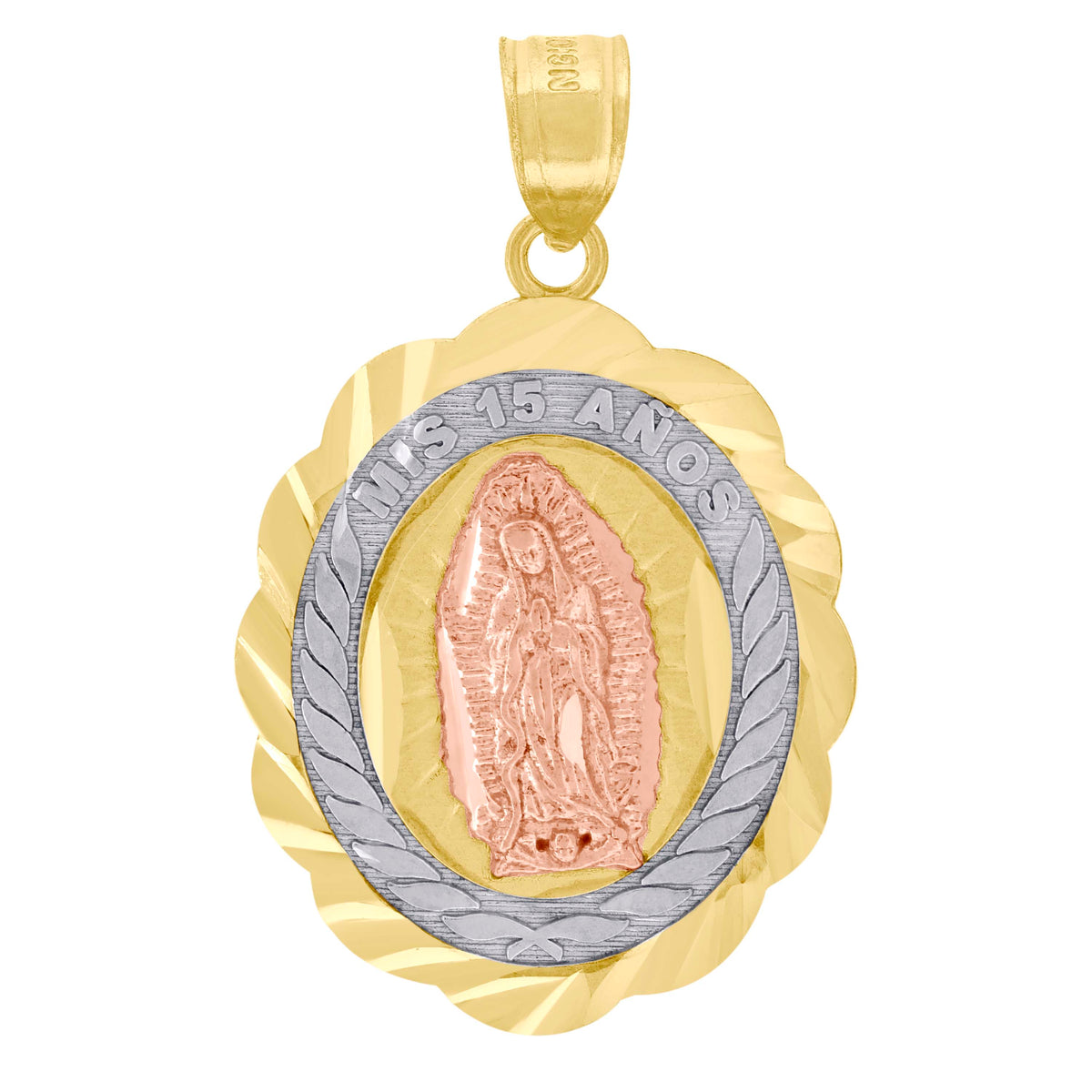 10K Gold Tri-Color Diamond-Cut Unisex Mis 15 Anos Guadalupe Mary Quinceanera Pendant