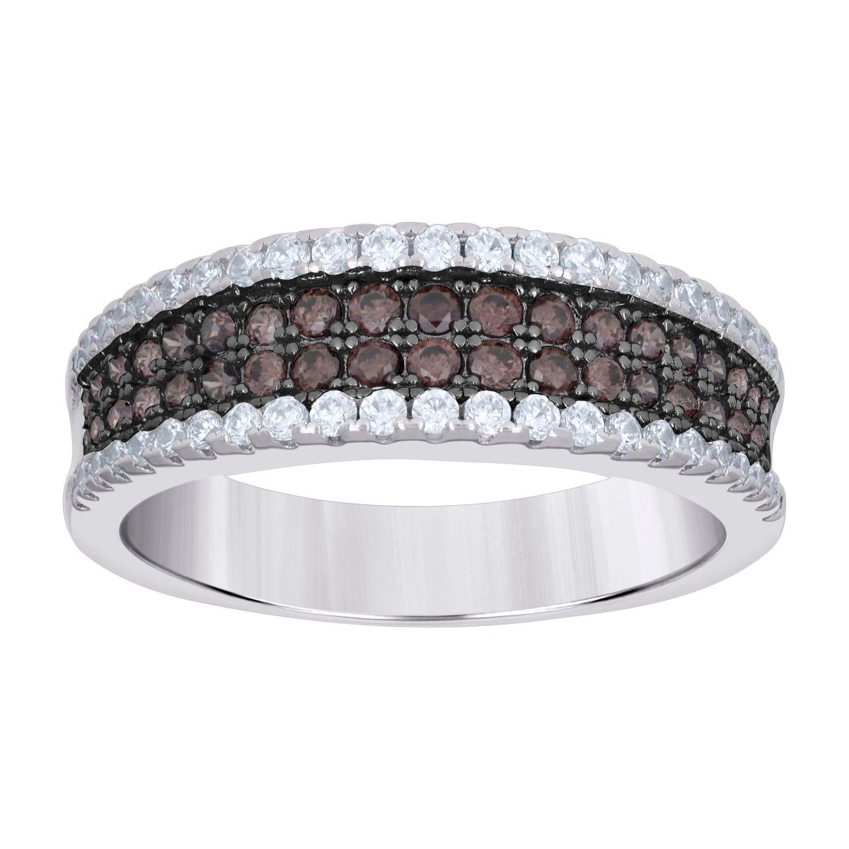 925 Sterling Silver Mens White Brown Cubic-Zirconia 4 Rows Wedding Band Ring