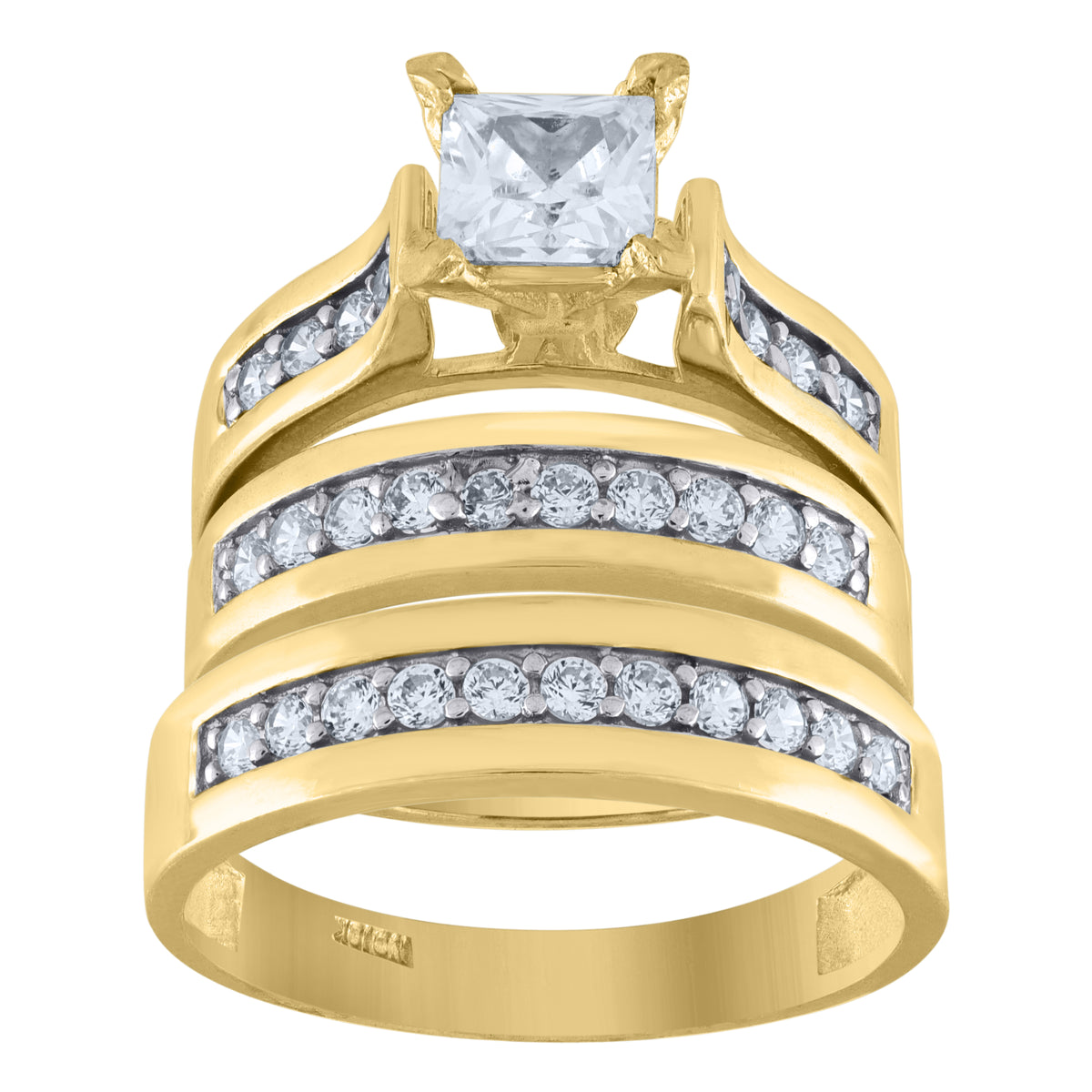10K Yellow Gold Womens Princess And Round Cubic Zirconia Trio Ring Set