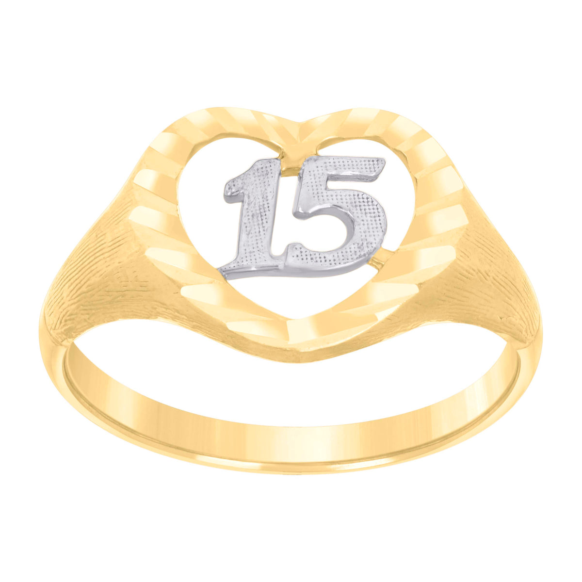10K Two-Tone Gold Womens Dc Textured 15 Anos Heart Band Ring