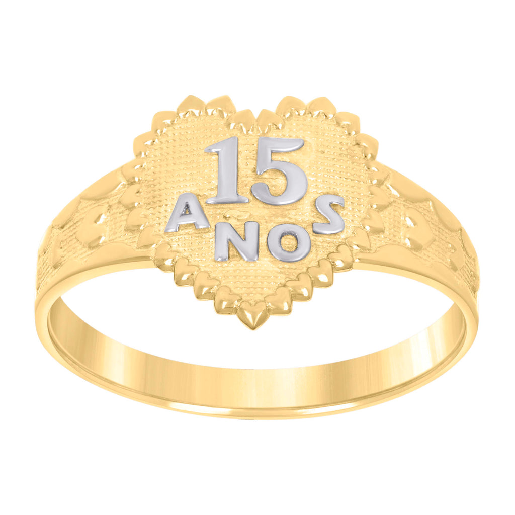 10K Two-Tone Gold Womens Textured 15 Anos Heart Band Ring
