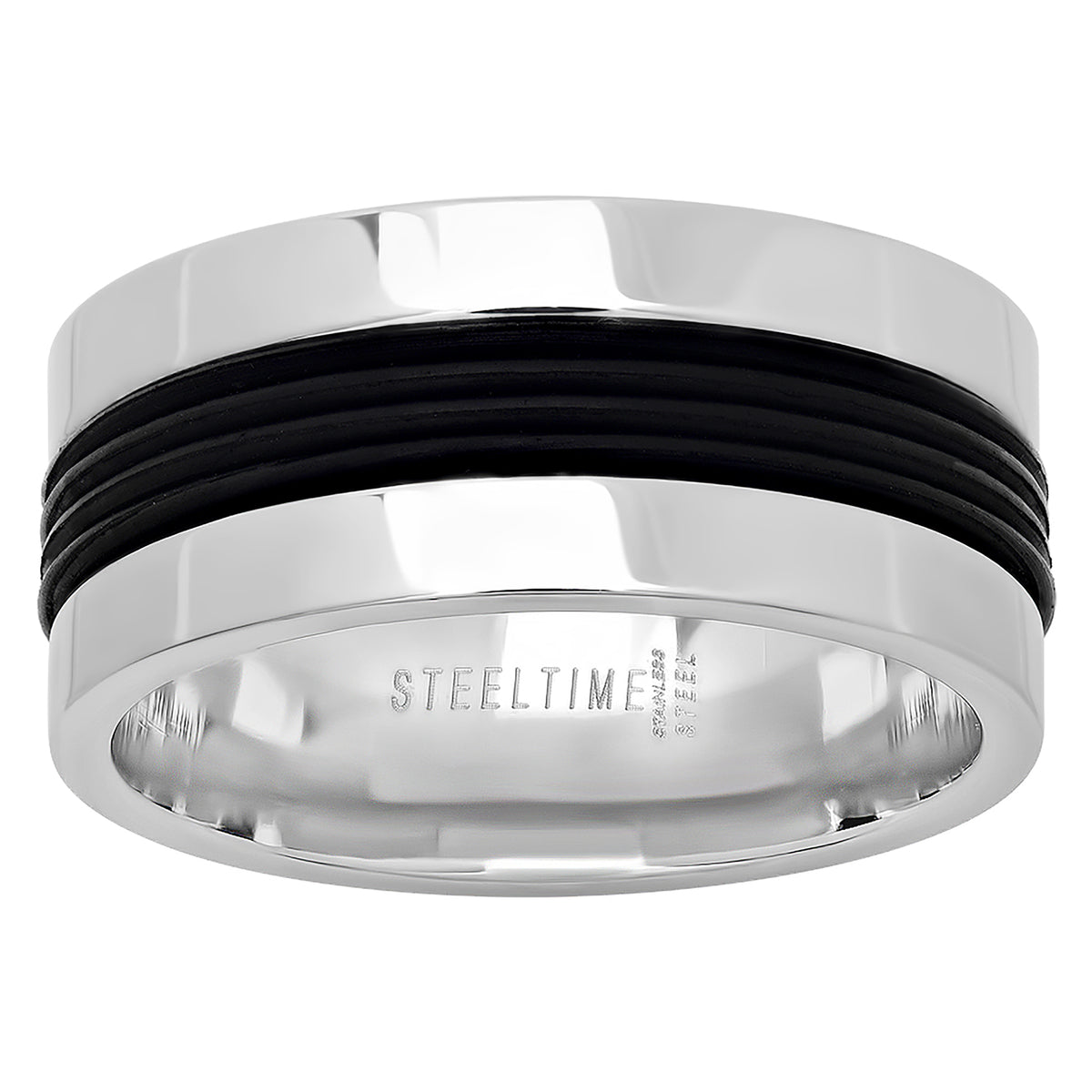 Stainless Steel Mens Grooved Black Center Size-9 Comfort-fit Fashion Band Ring