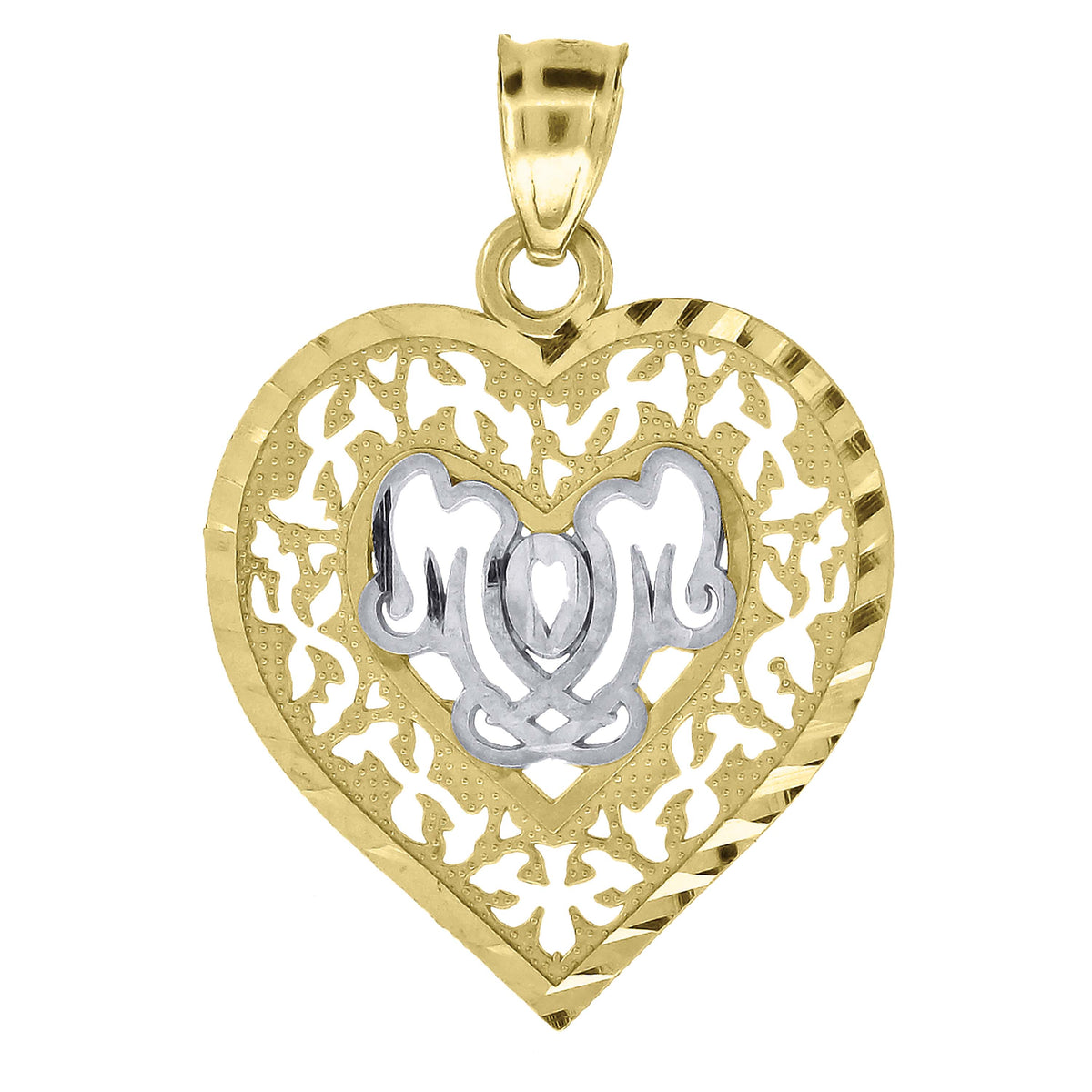 10K Gold Two-Tone Diamond-Cut Womens Mom Heart Charm Pendant